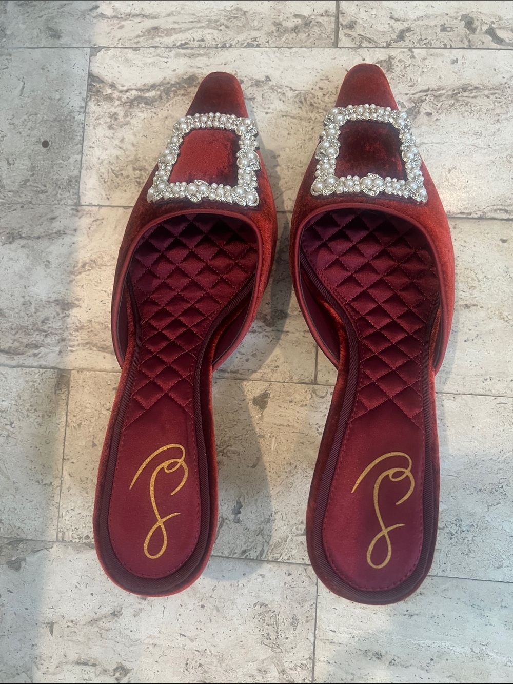 Sam Edelman Red Velvet Rhinestone Kitten Heel Mules - Picture 4 of 8